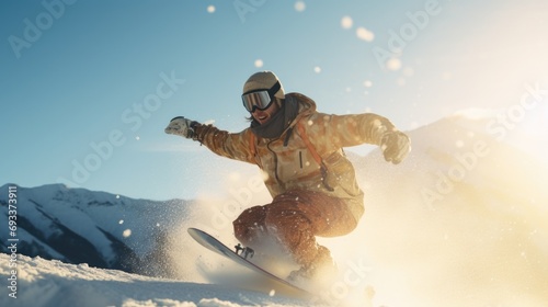 A man riding a snowboard down a snow covered slope. Great for winter sports and outdoor adventure themes