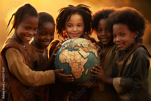 African children hold a globe together