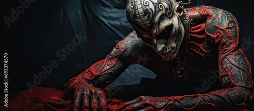 Gothic necromancer with demonic body art photographed in art studio.