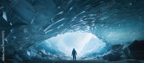 Person exploring stunning ice cave in Iceland.