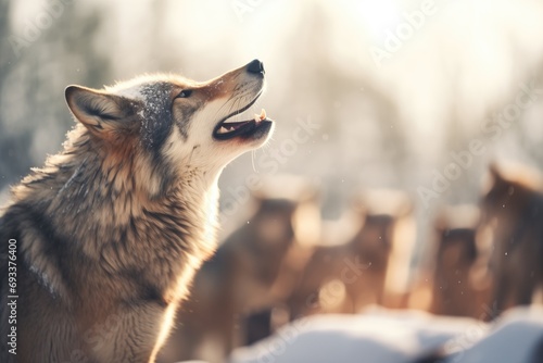 howling wolf pack with dominant male in focus
