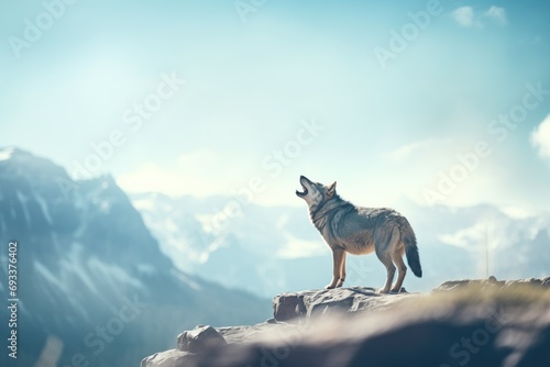 howling wolf with mountains in the distant horizon