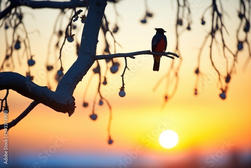 woodpecker silhouette against sunrise on tree