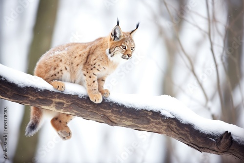 lynx perched on snowy tree branch