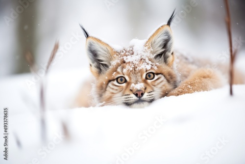high angle of lynx lying in powdery snow