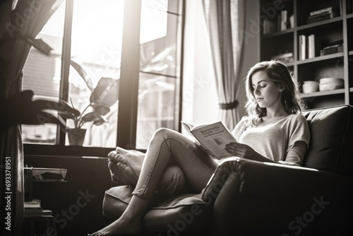 A woman sitting on a couch reading a book. Perfect for book clubs or cozy reading nooks