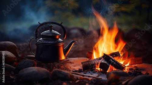 Coffee pot on camping fire, tent, folding chair table. Morning mist view background of campfire.