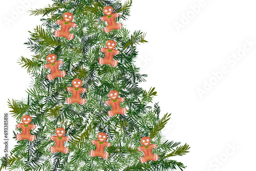 Ilustracja świąteczna zielona choinka kolorowe pierniki białe tło.