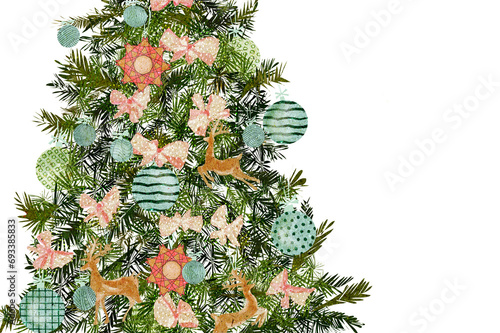 Ilustracja zielona choinka ozdoby świąteczne bombki kokardy pierniki wstążki białe tło.