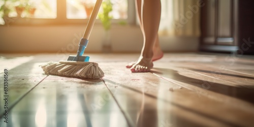 A mop is being used to clean a shiny marble floor, with water droplets glistening under the bright overhead lights