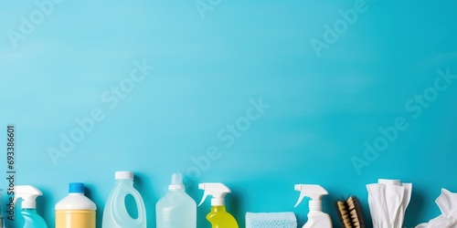 Cleaning set for different surfaces in kitchen, bathroom and other rooms. Empty place for text or logo on blue background. Cleaning service concept.