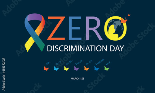 Zero Discrimination Day. Text with butterflies Basic words of respect for people. March 1st