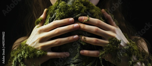 Woman's hands embracing mossy tree trunk from below.