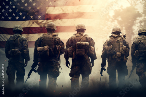 US American soldier team portrait in front of the United States of America flag background.