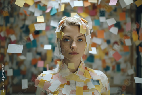 A woman covered in adhesive notes and to-do lists, depicting the concept of drowning in tasks and to-dos 