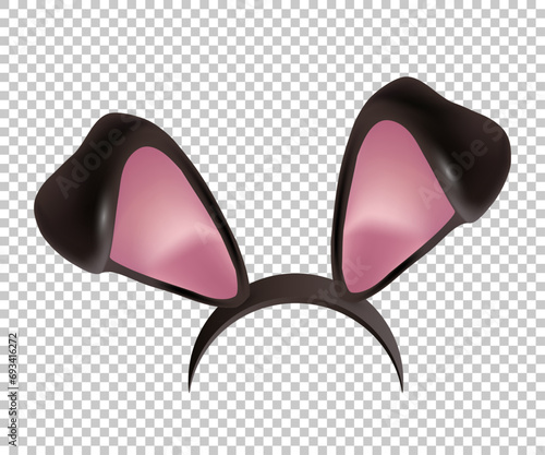 Rabbit ears realistic 3d vector illustration. Easter bunny ears kid headband, mask. Hare costume black and pink element. Photo editor, booth, video chat app isolated on transparent background
