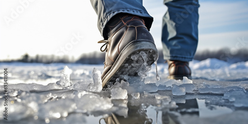 Danger of slipping. Boots on rough slipper ice surface. Dangerous fishing 