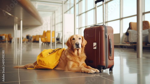Concept of traveling with pets: a dog retriever sits at the airport or train bus station waiting for the plane next to the suitcases