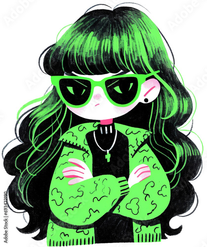  Front view of a very cute long hair little girl wearing a green sunglasses, happy, doodle in the style of keith haring, sharpie illustrations, hand drawing with markers.