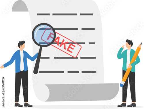 Smart entrepreneur inspectors verify fake documents. Fake documents, wrong information verification or fake news inspection, fraud and illegal reports.