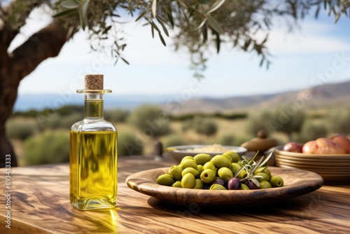Old wooden product display table with natural green olive field and olive oil