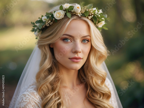 Gorgeous blonde pride wearing wedding dress and floral crown over her head. Young woman in a wedding dress outdoor.