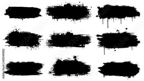 Black dried paint splattered in dirty style. Grunge design elements collection set vector illustration