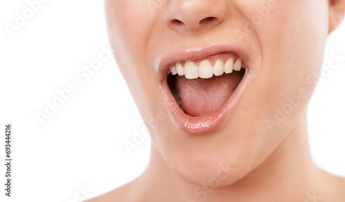 Woman, teeth and smile for dentist, mouth hygiene or dermatology against a white studio background. Closeup of female person or model for tooth whitening in dental, oral or gum care on mockup space