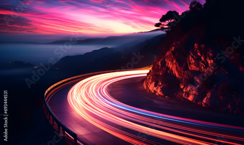 Photo of a highway at night. Neon night highway track with colorful lights and trails