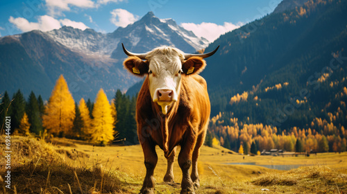 A cow on the autumnal meadow uner the Tatra Mountain