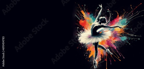 Ballet dancers splash colorful illustrations, black background with copy space, generative ai