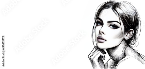 Beauty, fashion, make-up, and art concept. Beautiful woman portrait sketch style drawing. Model face drawn with black ink lines style. Black and white illustration, generative ai