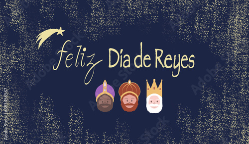 Text happy kings day with three kings melchor, gaspar and balthazar on blue sky background and golden glitter.