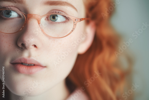 Face portrait of red hair woman with trendy eyeglasses for branding. Elegant look; fashion for accessories; female beauty; eye product placement. trendy lenses and frames; optical ads; eyewear concept