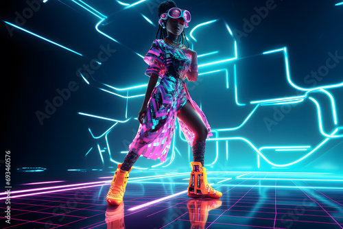 African woman in neon costume, glasses and neon shoes, in the style of futuristic pop, luminous color palette