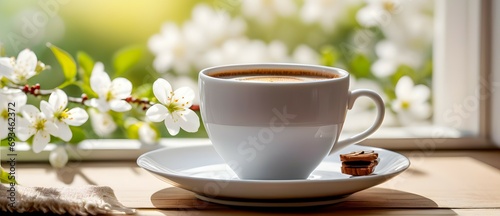 A cup of coffee by the window with beautiful white flowers, the scenery of spring. Generative Ai 
