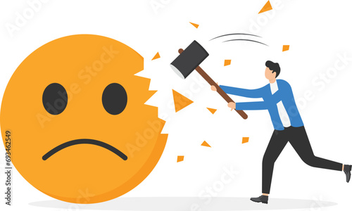 Businessmen use sledgehammers and attack emoji signs. Good review for product, rating to product. Flat vector illustration.