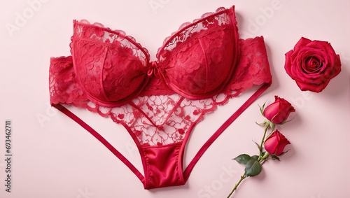 Red women's panties with lace isolated on pink background. Romantic lingerie for Valentine's Day Erotic concept.