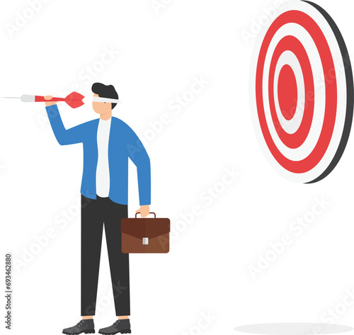 Unclear target or blind business vision, leadership failure or mistake aiming goal, untrained or uneducated management concept, confused businessman blindfold throwing dart.