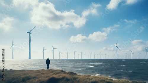 Man standing looking at wind farm