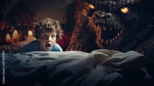a boy of European appearance was very frightened, imagines, is afraid alone in a dark room. concept of childhood fears, monsters, children's psychology