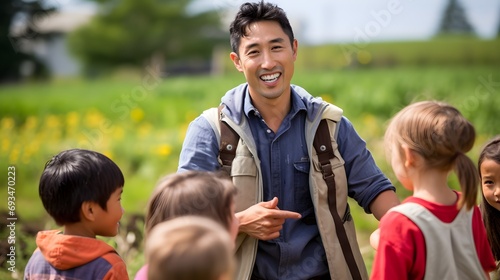 Cheerful Asian man interacting with children in a sunny field