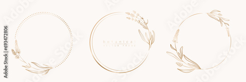 Botanical golden circle frame set. Hand drawn round line border, leaves and flowers for wedding invitation and cards, logo design, social media and posters template. Elegant minimal floral vector. 
