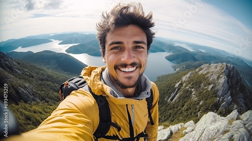 Young hiker man taking selfie portrait on the top of mountain - Happy guy smiling at camera.