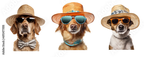 Belarus dog wearing glasses and straw hat for summer, summer travel concept isolated on white background