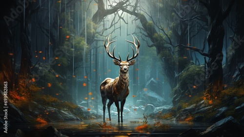 A colorful digital painting of a deer in the forest AI Photo