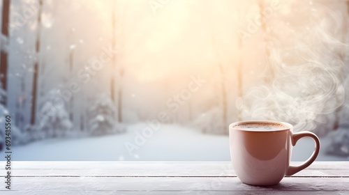 Portrait of a mug of hot chocolate or coffee against winter background with space for text, background image, generative AI