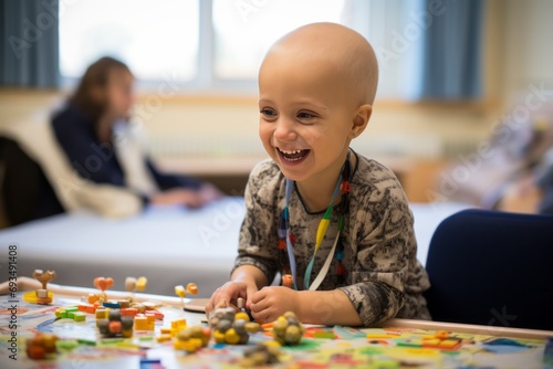 An adorable baby undergoes cancer treatment in a hospital. The brave toddler smiles and plays with toys, he does not give up and is confident of victory over the terrible disease.