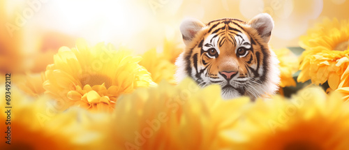 tigre e flores amarelas com luz amarela no fundo - Papel de parede