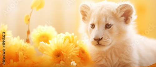 filhote de leão albino e flores amarelas com luz amarela no fundo - Papel de parede